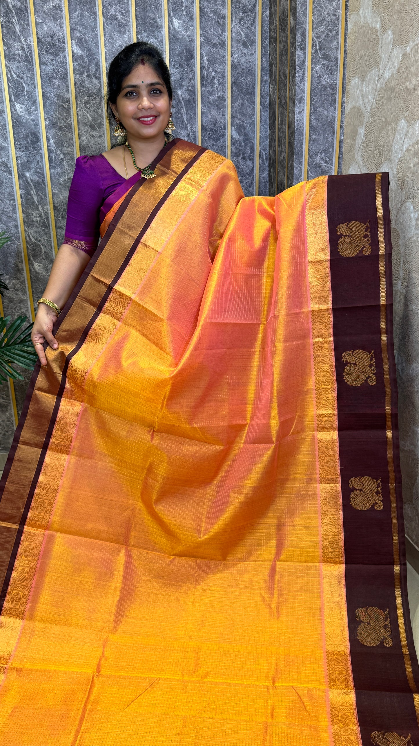 Zari Checks Pure Silk Cotton Saree with Korvai Border