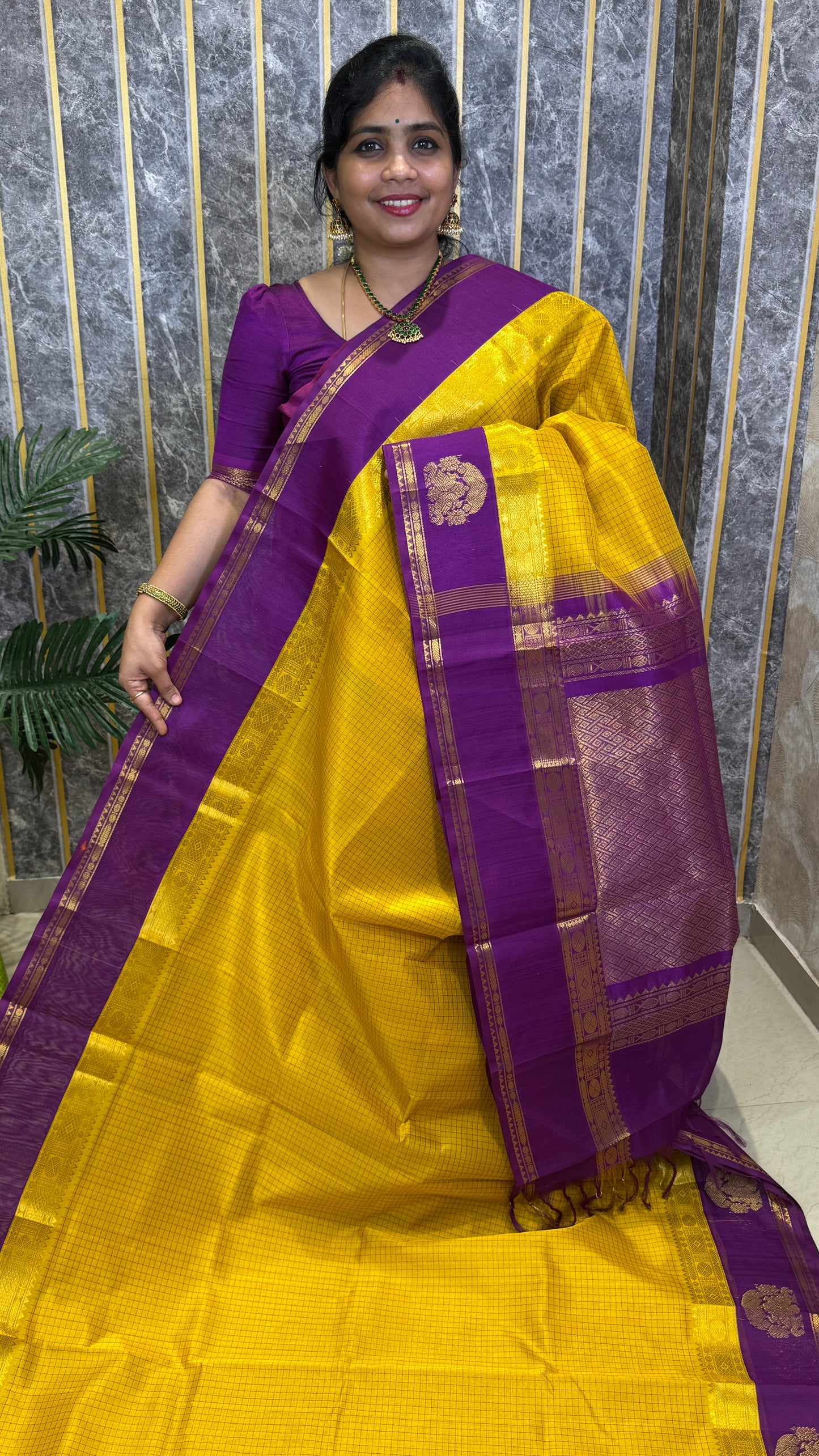 Thread Checks Pure Silk Cotton Saree with Korvai Border