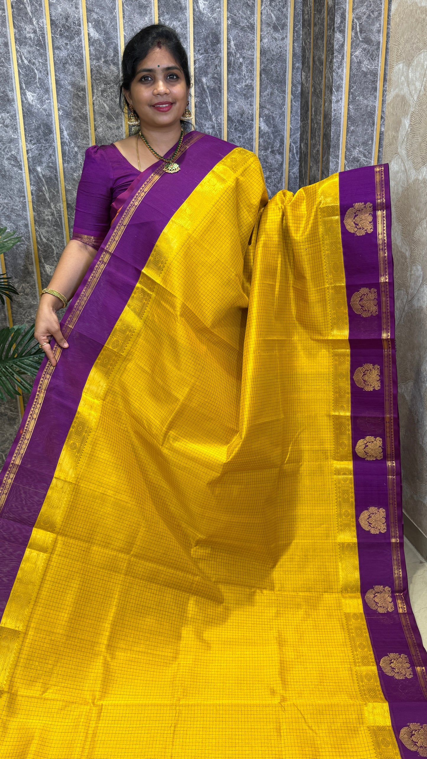 Thread Checks Pure Silk Cotton Saree with Korvai Border