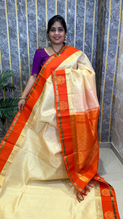 Thread Checks Pure Silk Cotton Saree with Korvai Border
