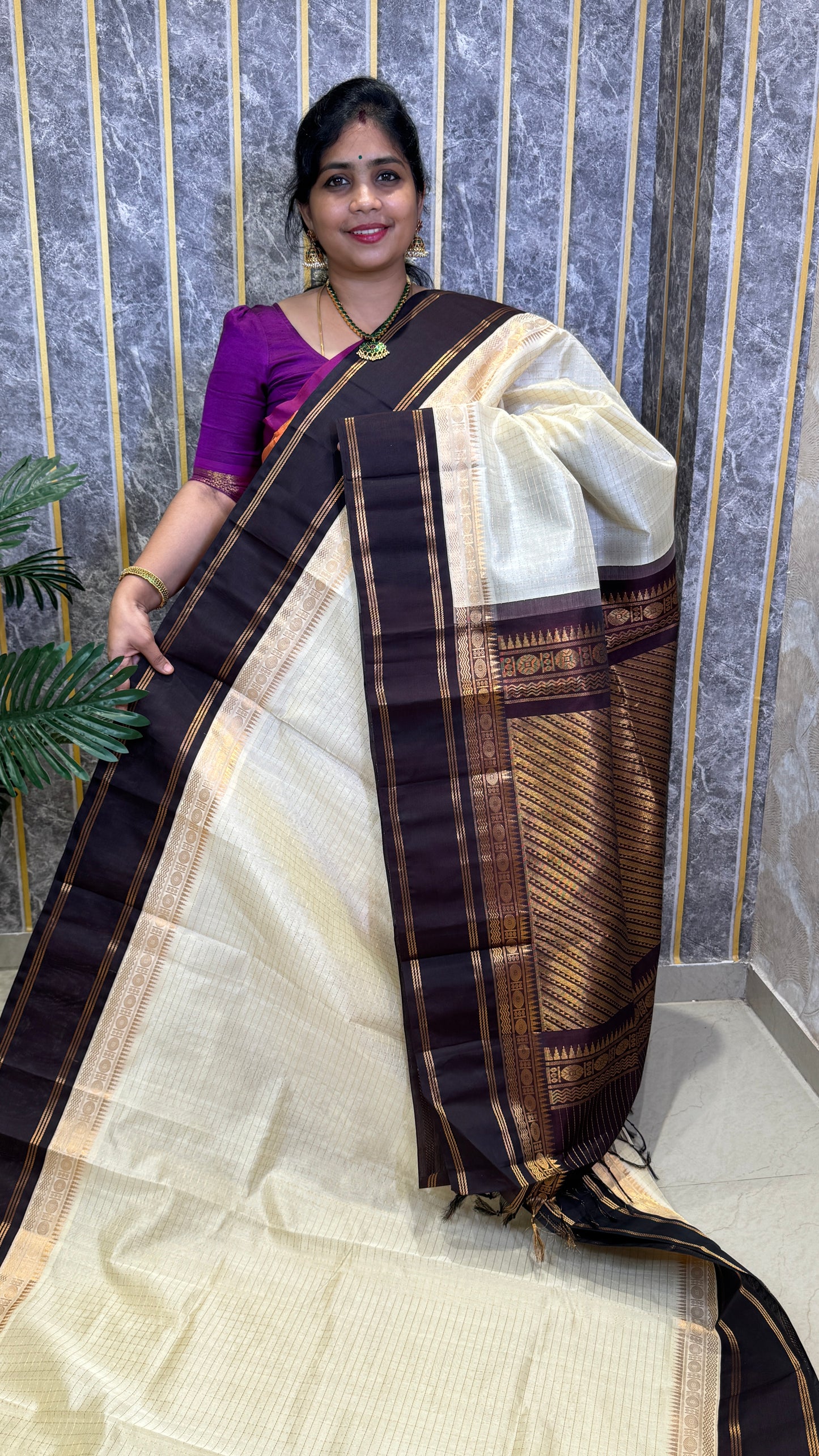 Zari Checks Pure Silk Cotton Saree with Korvai Border