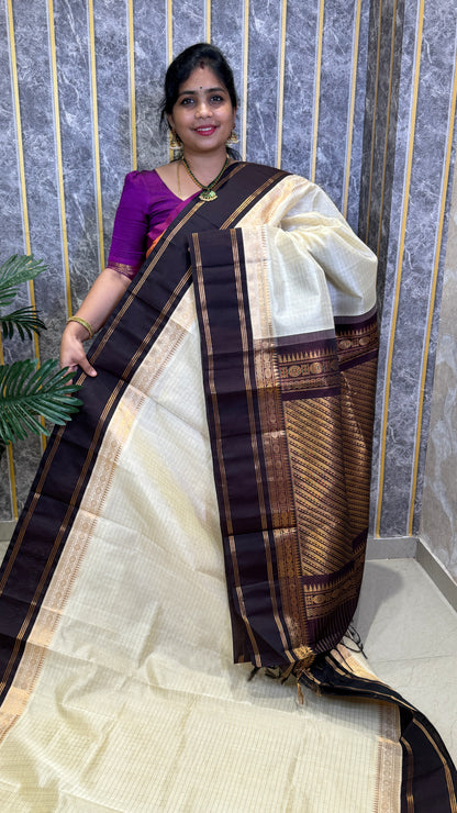 Zari Checks Pure Silk Cotton Saree with Korvai Border