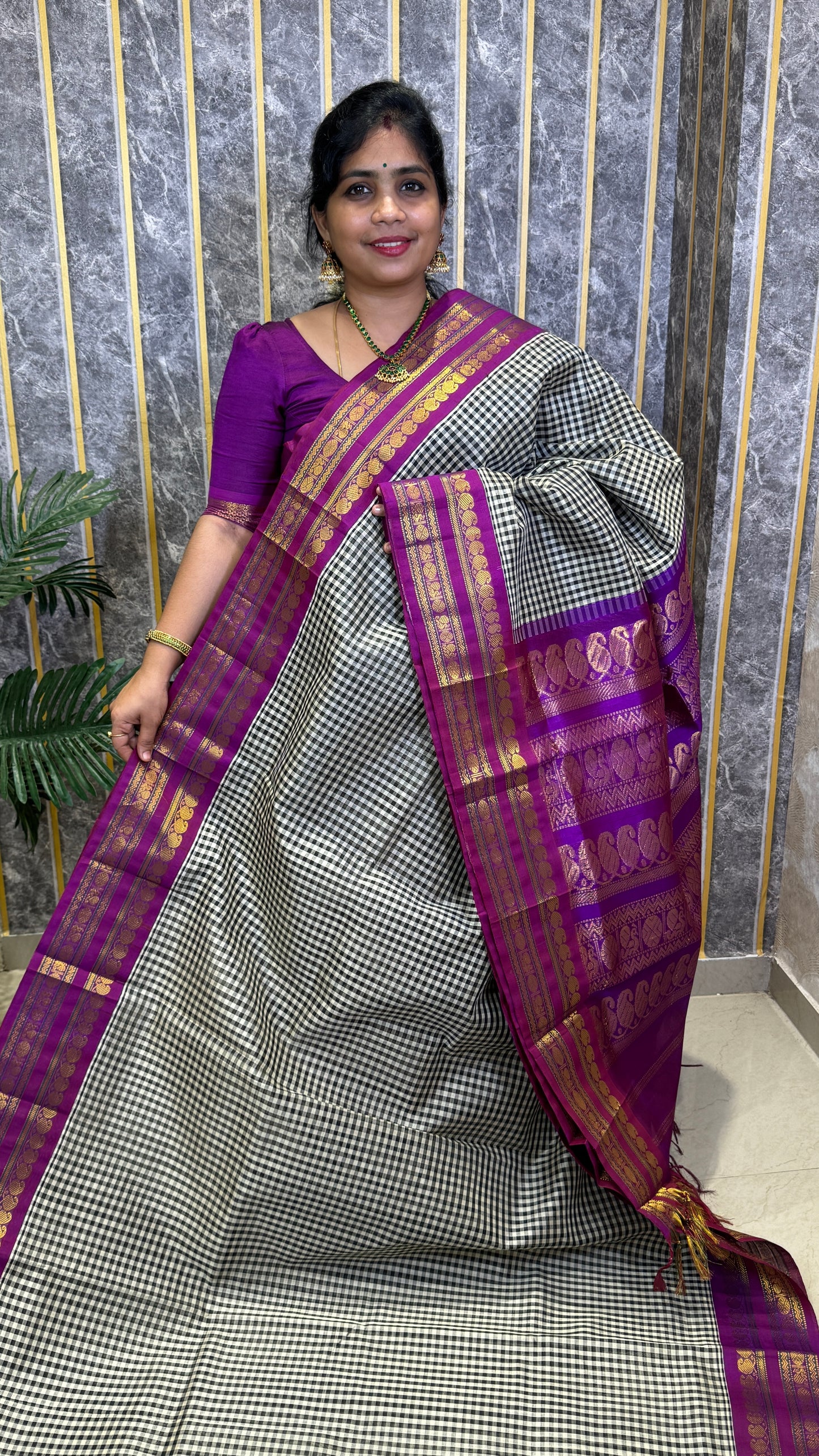 Black & White Checks Pure Silk Cotton with Korvai Border