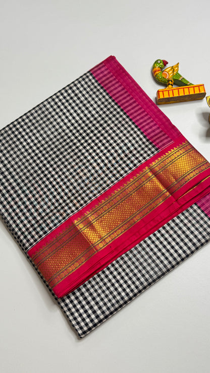Black & White Checks Pure Silk Cotton with Korvai Border