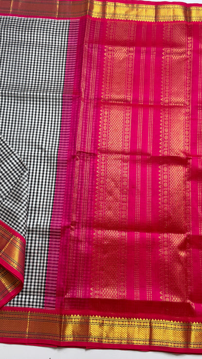 Black & White Checks Pure Silk Cotton with Korvai Border