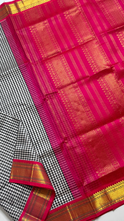 Black & White Checks Pure Silk Cotton with Korvai Border