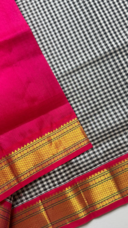 Black & White Checks Pure Silk Cotton with Korvai Border