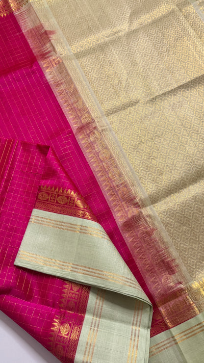 Zari checks Pure Silk Cotton Saree with Korvai Borders