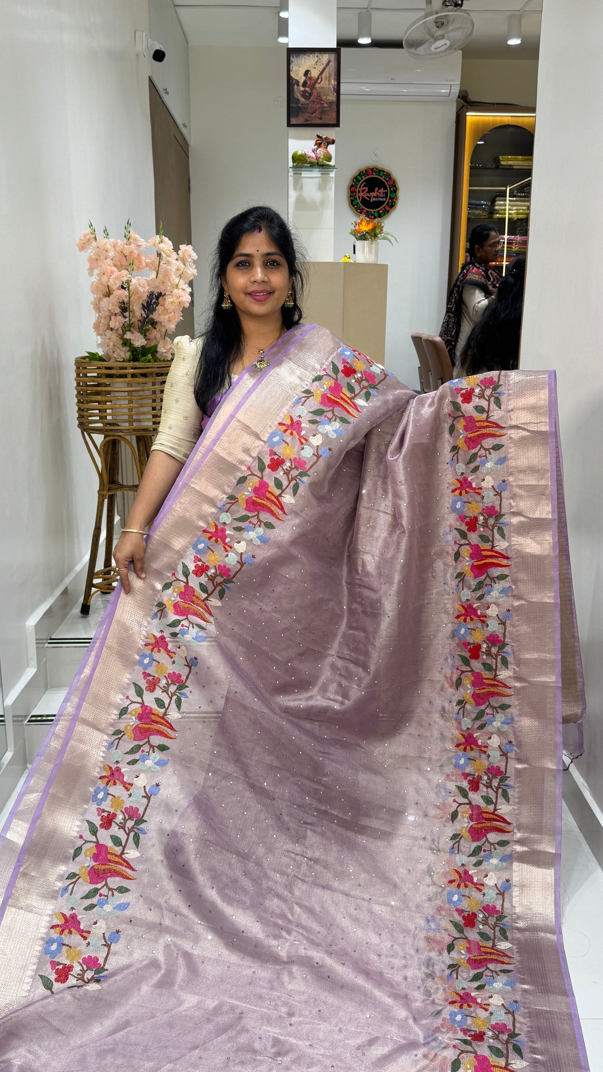 Tissue Silk Saree with Cross Stitch Embroidery