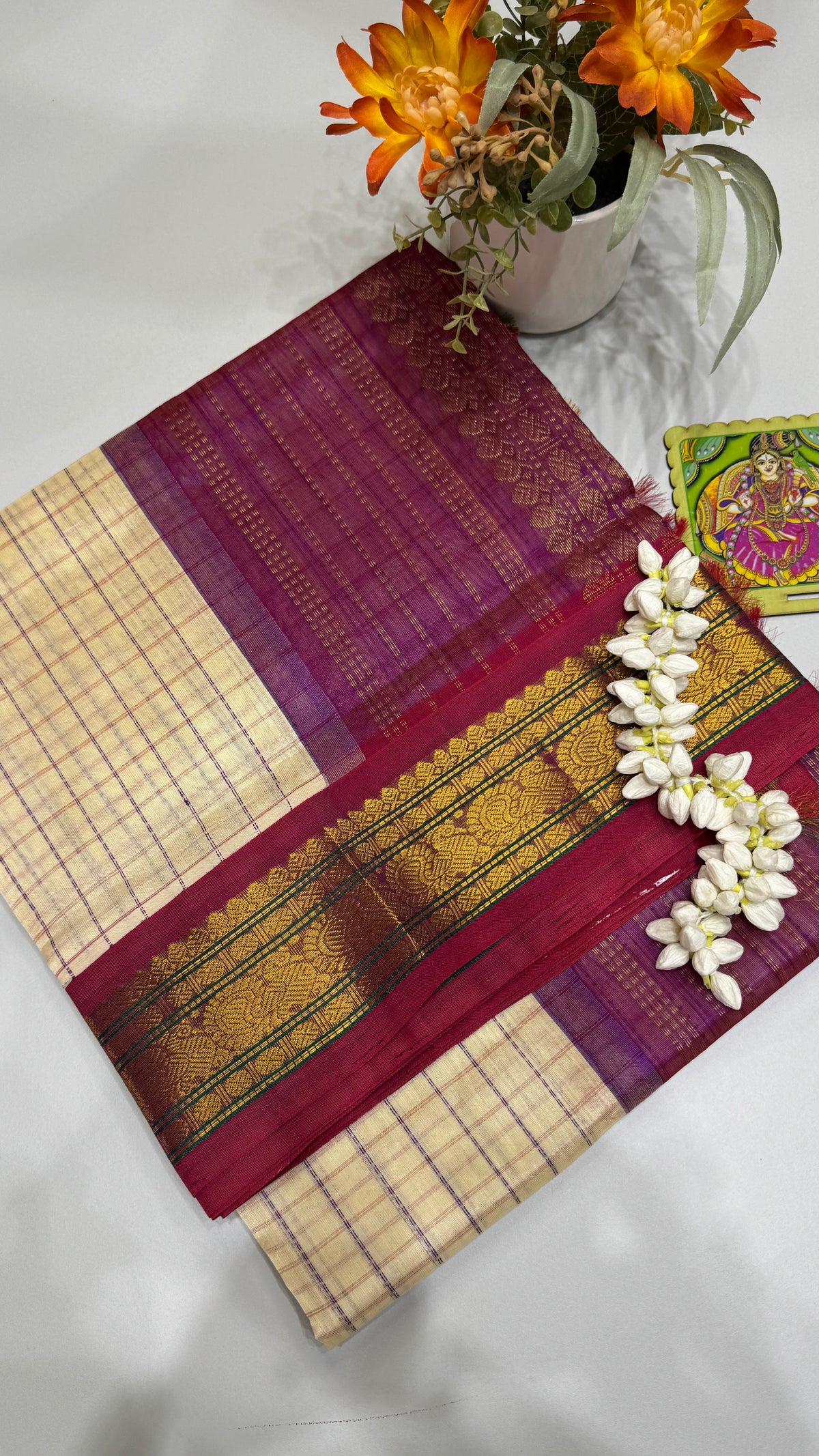Zari Checks Pure Silk Cotton Saree with Korvai Border