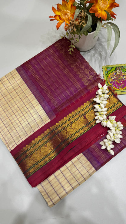 Zari Checks Pure Silk Cotton Saree with Korvai Border