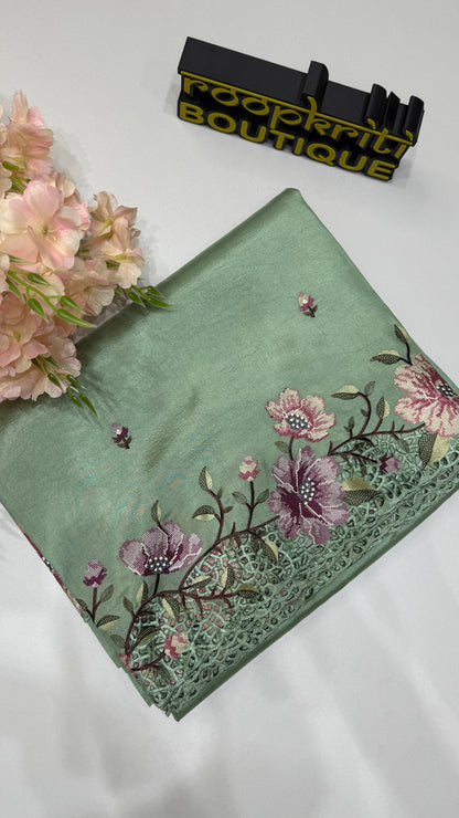 Cut Work Embroidered Semi Tussar Saree