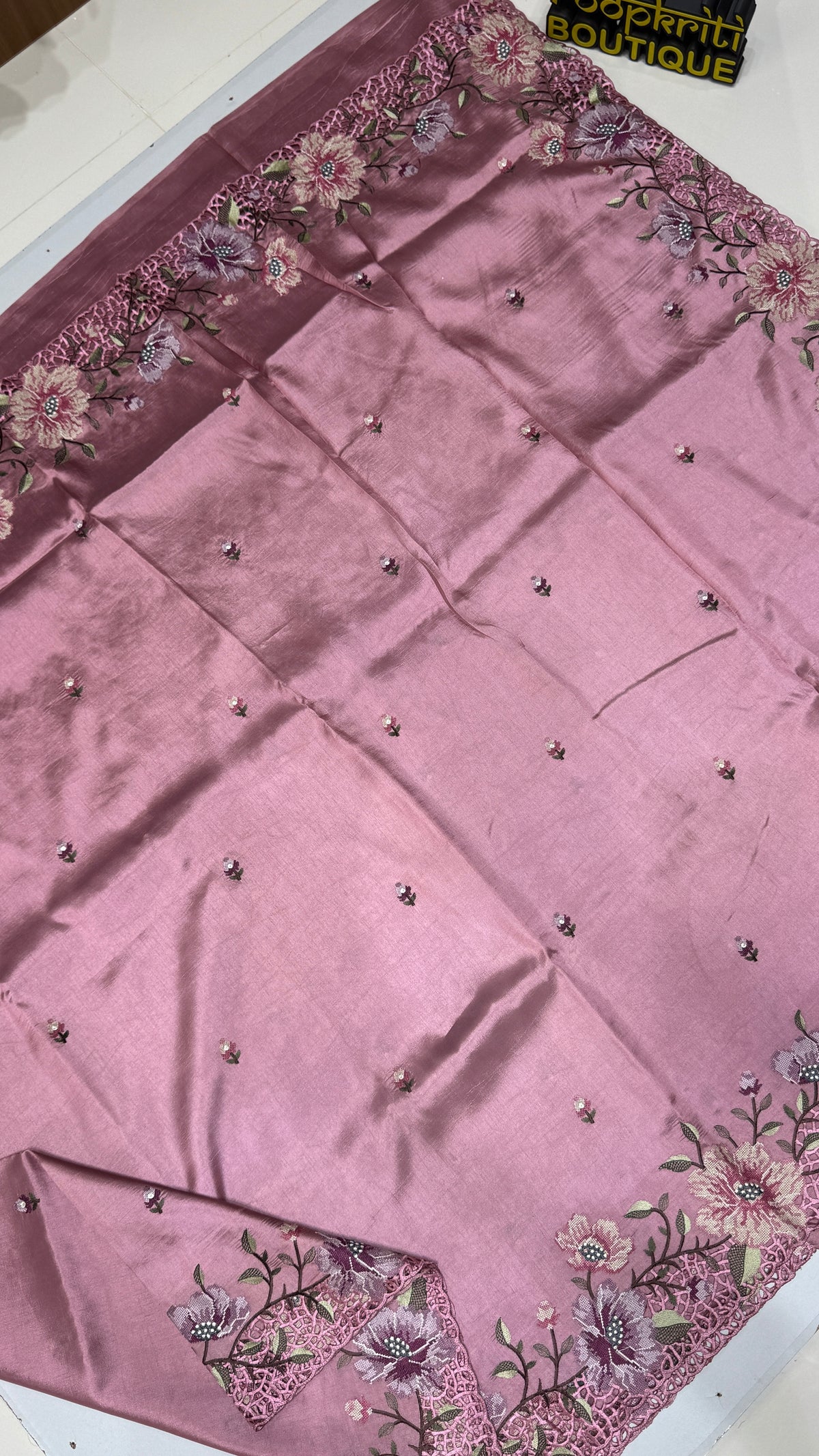 Cut Work Embroidered Semi Tussar Saree