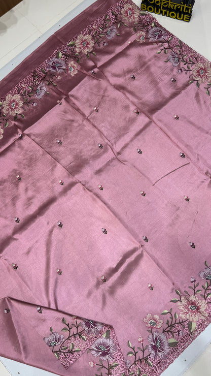 Cut Work Embroidered Semi Tussar Saree