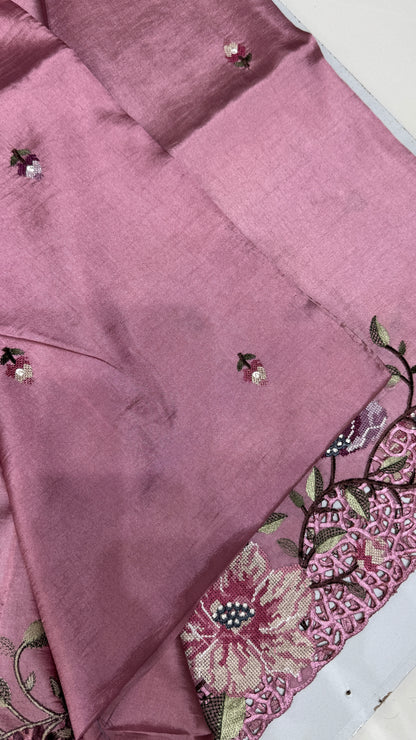 Cut Work Embroidered Semi Tussar Saree