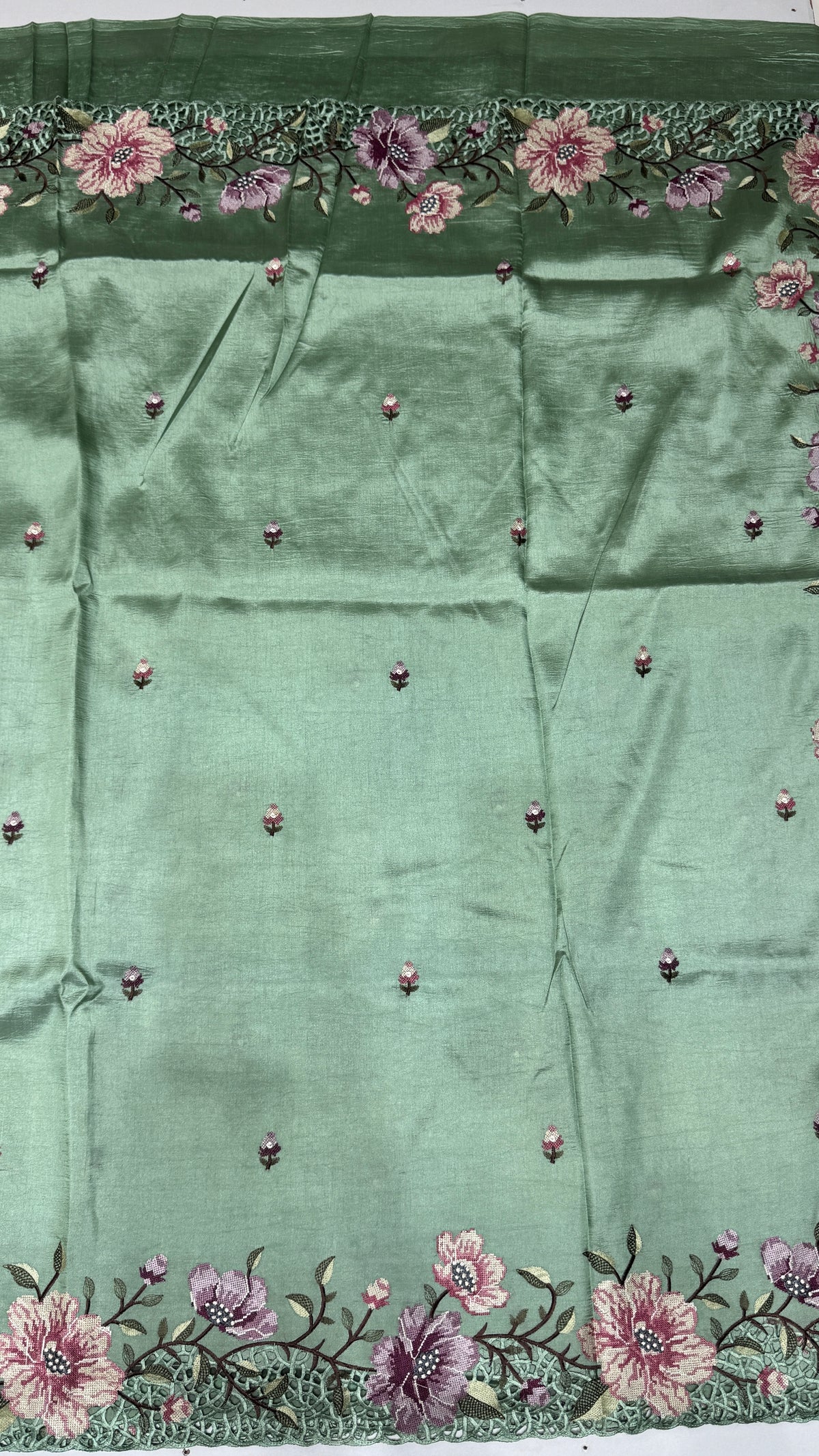 Cut Work Embroidered Semi Tussar Saree