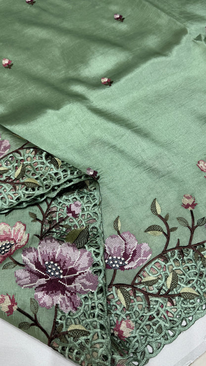 Cut Work Embroidered Semi Tussar Saree