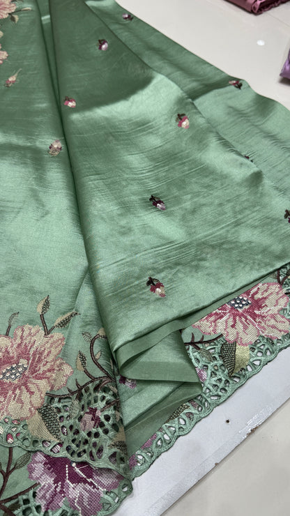 Cut Work Embroidered Semi Tussar Saree