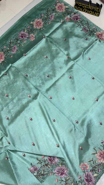 Cut Work Embroidered Semi Tussar Saree