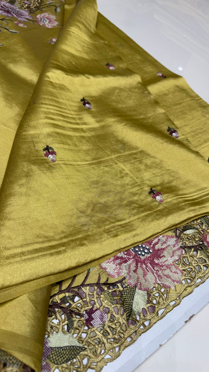 Cut Work Embroidered Semi Tussar Saree