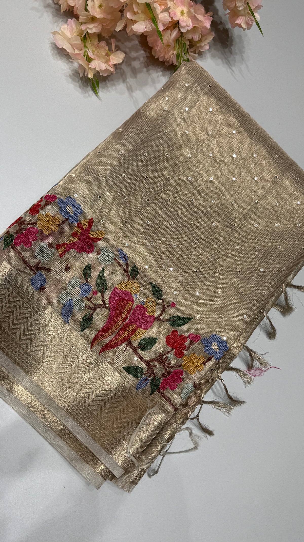 Tissue Silk Saree with Cross Stitch Embroidery