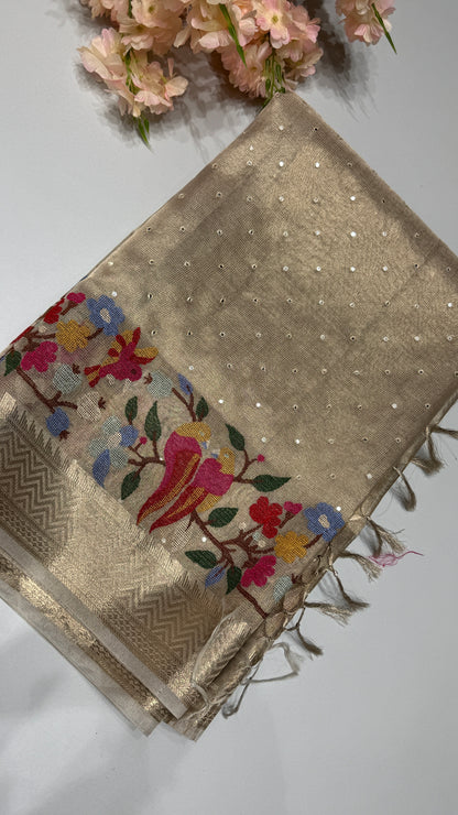 Tissue Silk Saree with Cross Stitch Embroidery