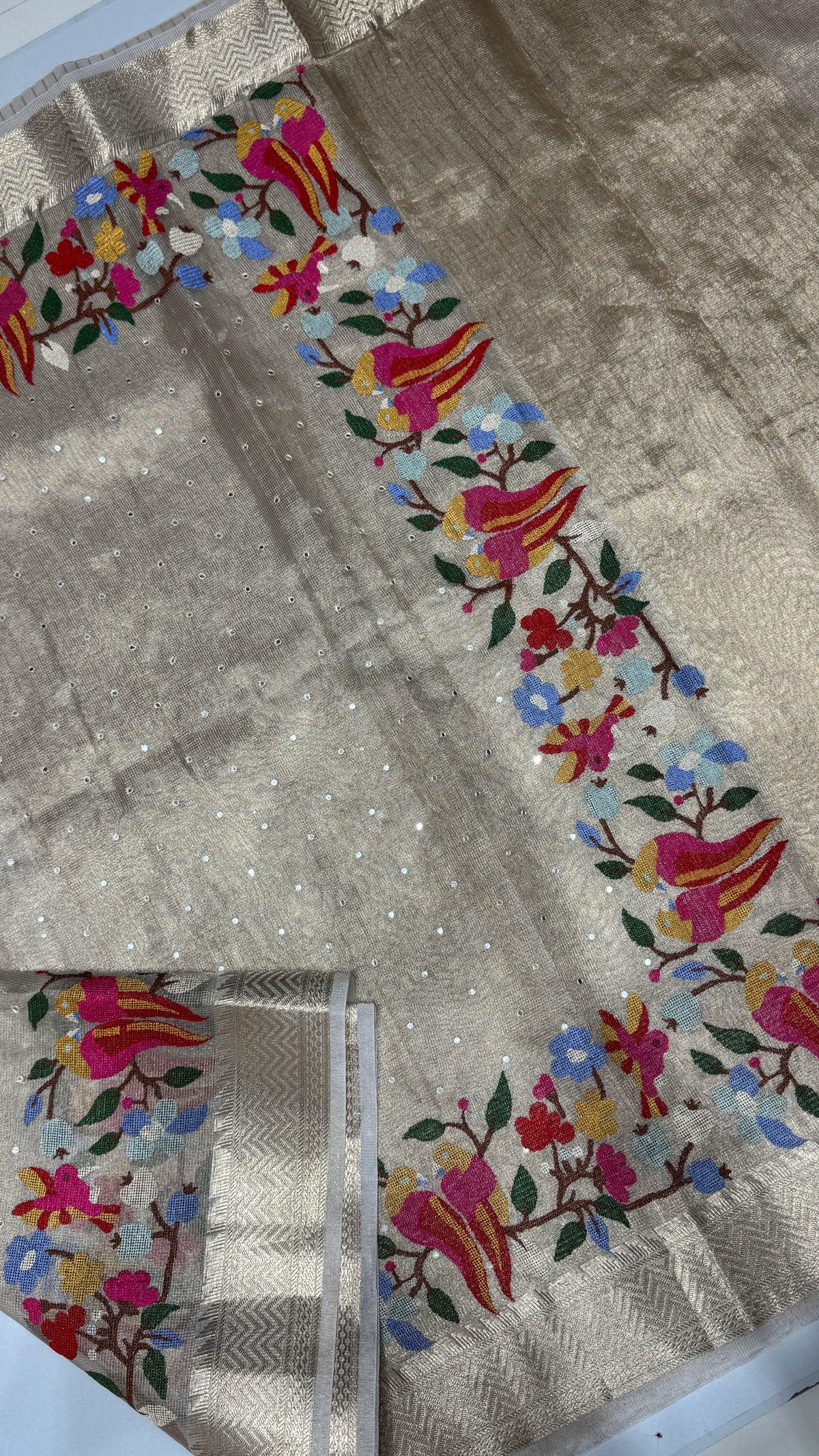 Tissue Silk Saree with Cross Stitch Embroidery