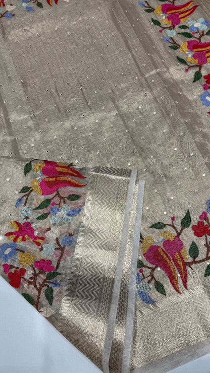 Tissue Silk Saree with Cross Stitch Embroidery