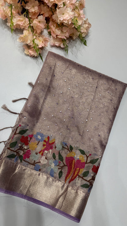 Tissue Silk Saree with Cross Stitch Embroidery