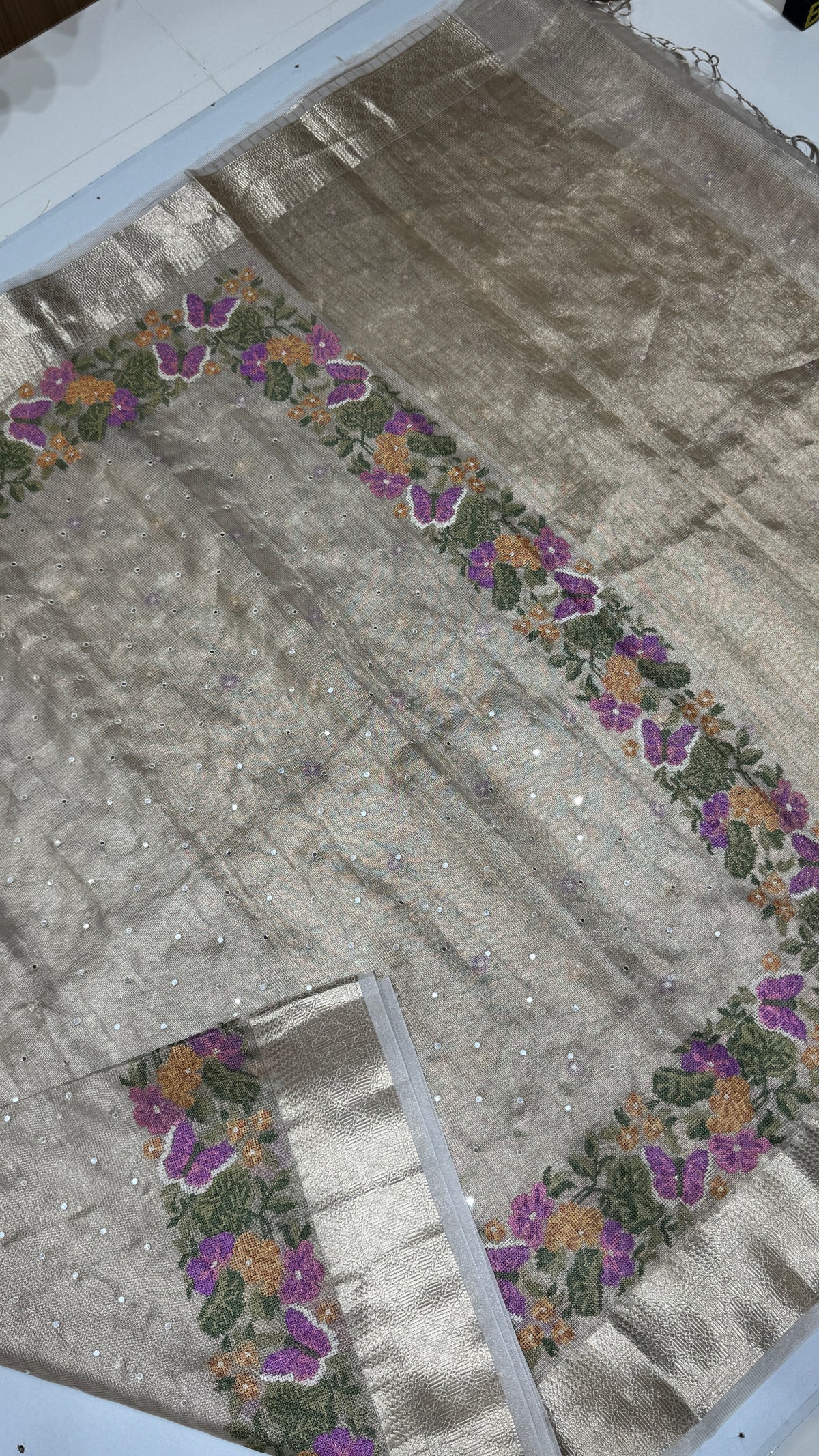 Tissue Silk Saree with Cross Stitch Embroidery