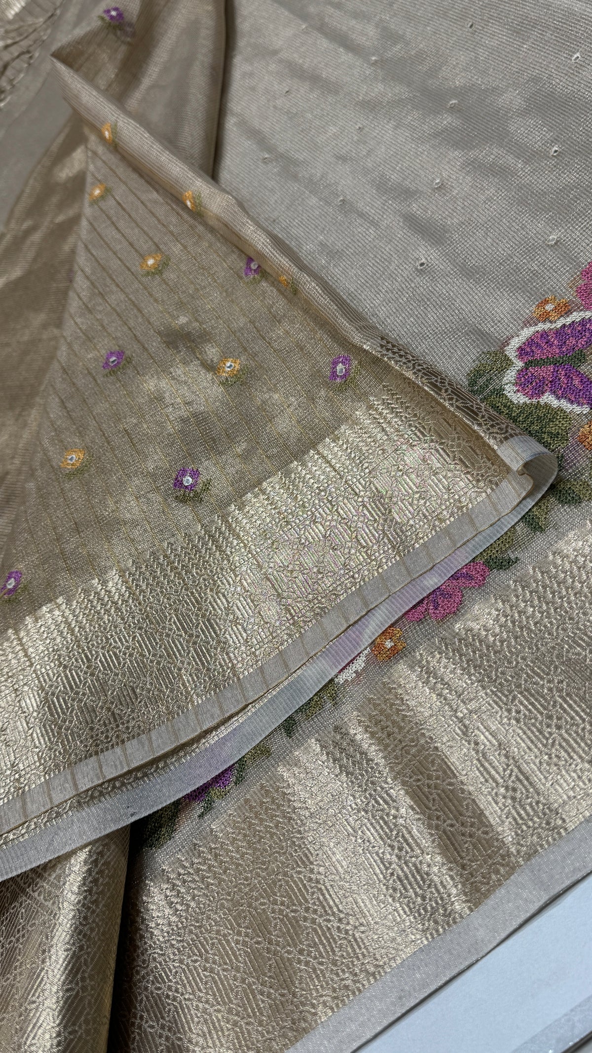 Tissue Silk Saree with Cross Stitch Embroidery