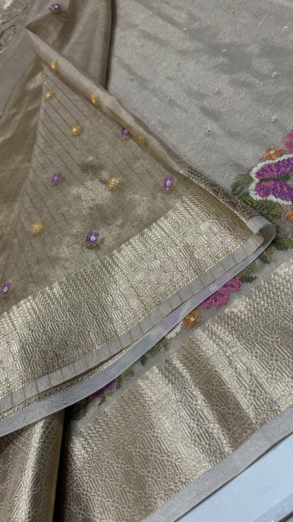 Tissue Silk Saree with Cross Stitch Embroidery