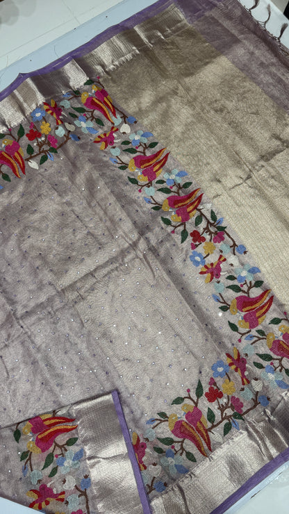 Tissue Silk Saree with Cross Stitch Embroidery