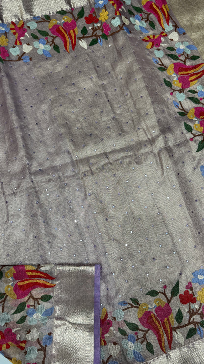 Tissue Silk Saree with Cross Stitch Embroidery
