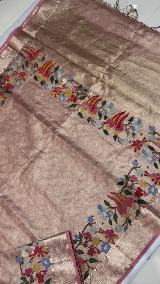 Tissue Silk Saree with Cross Stitch Embroidery
