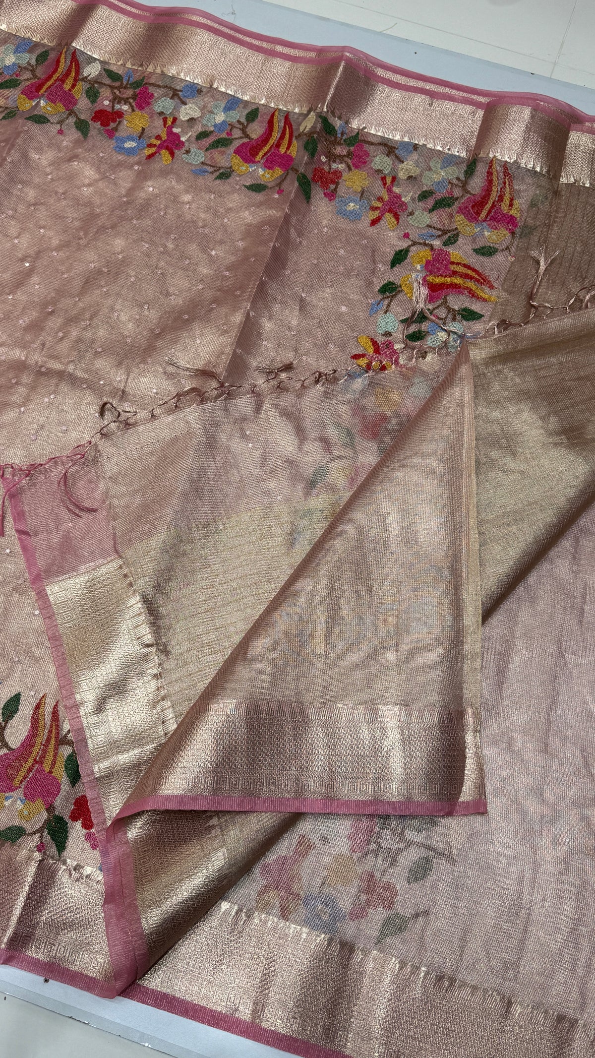 Tissue Silk Saree with Cross Stitch Embroidery