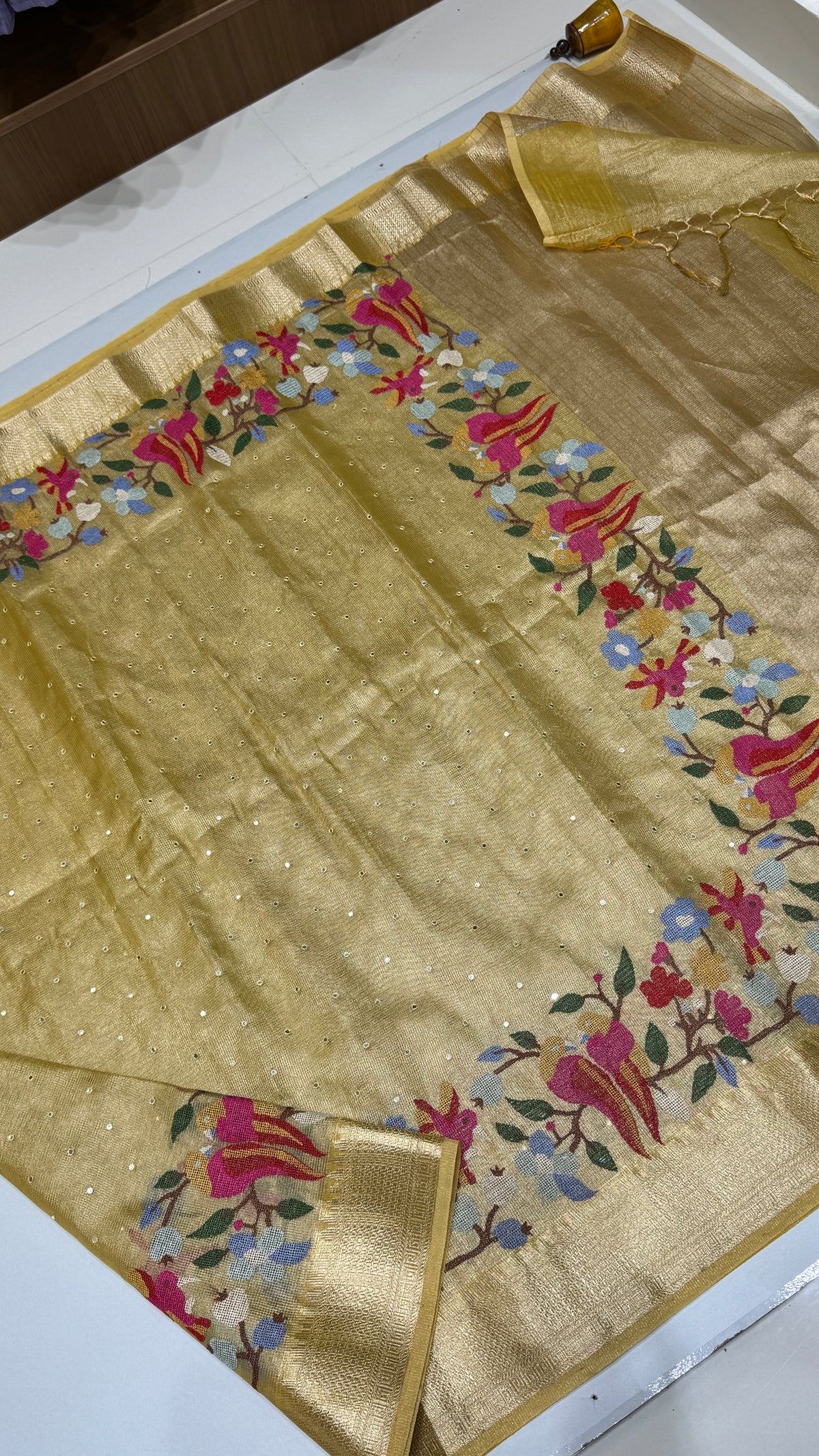Tissue Silk Saree with Cross Stitch Embroidery