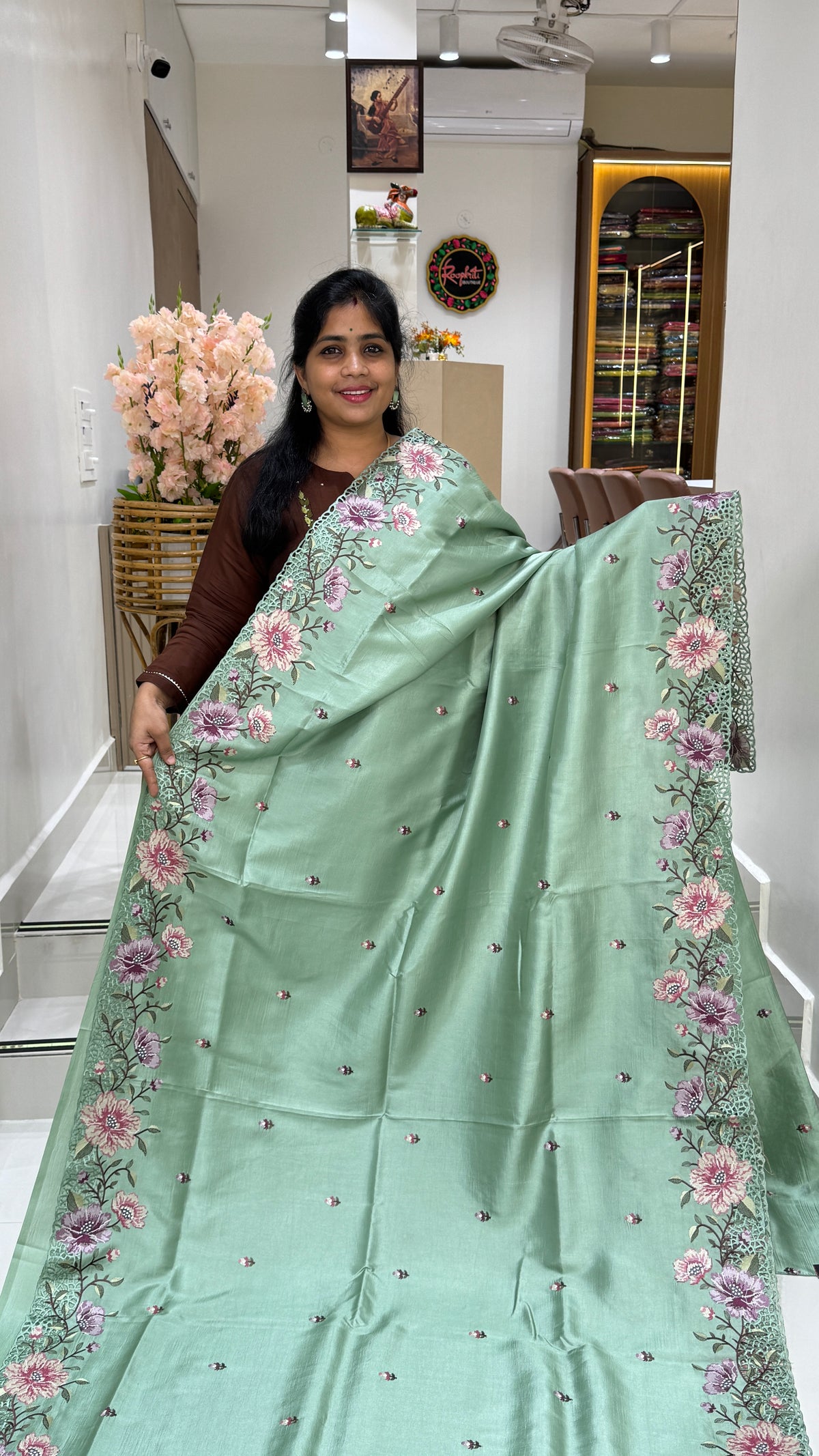 Cut Work Embroidered Semi Tussar Saree