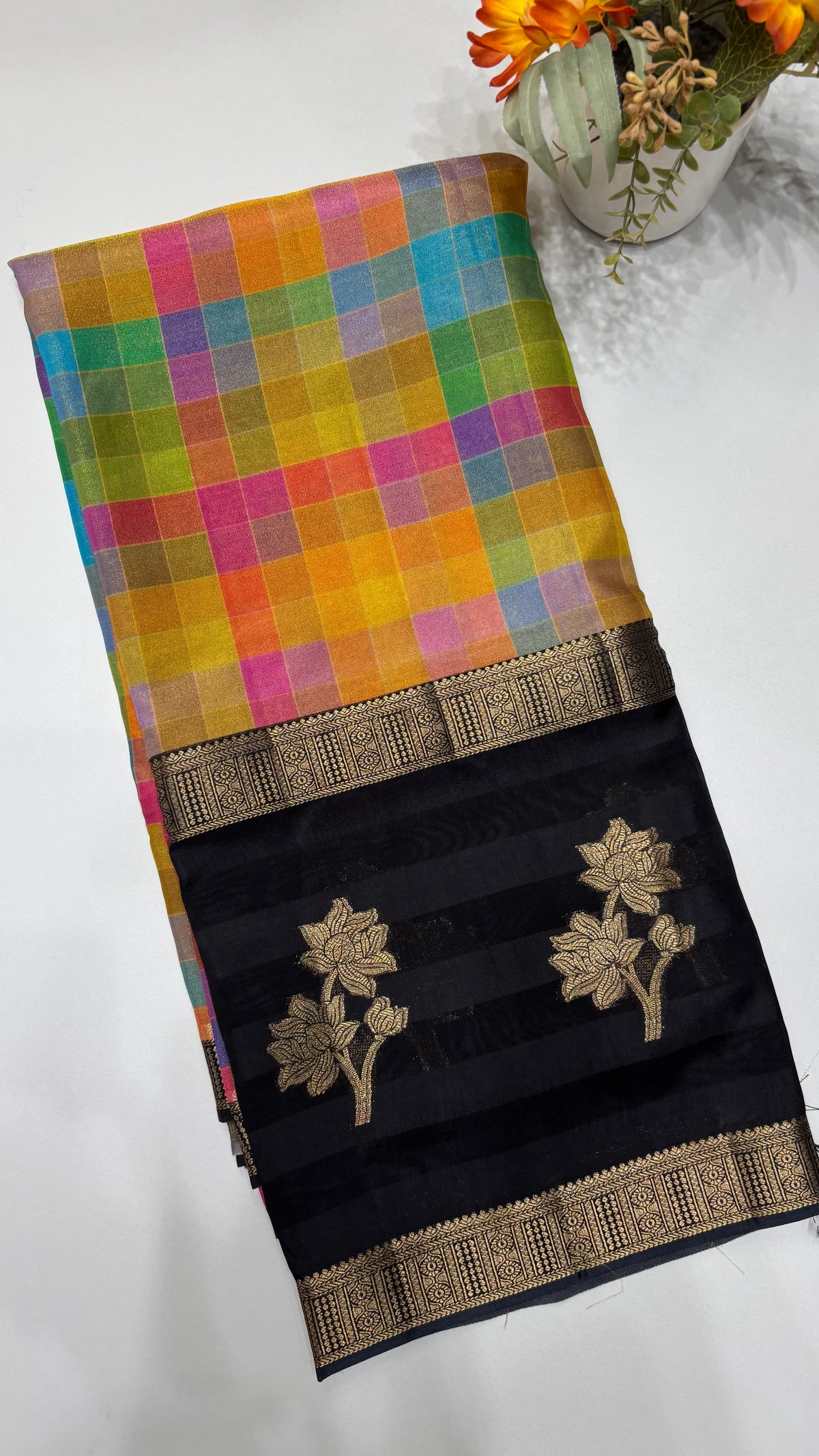 Multi Checks Banaras Tissue Silk Saree