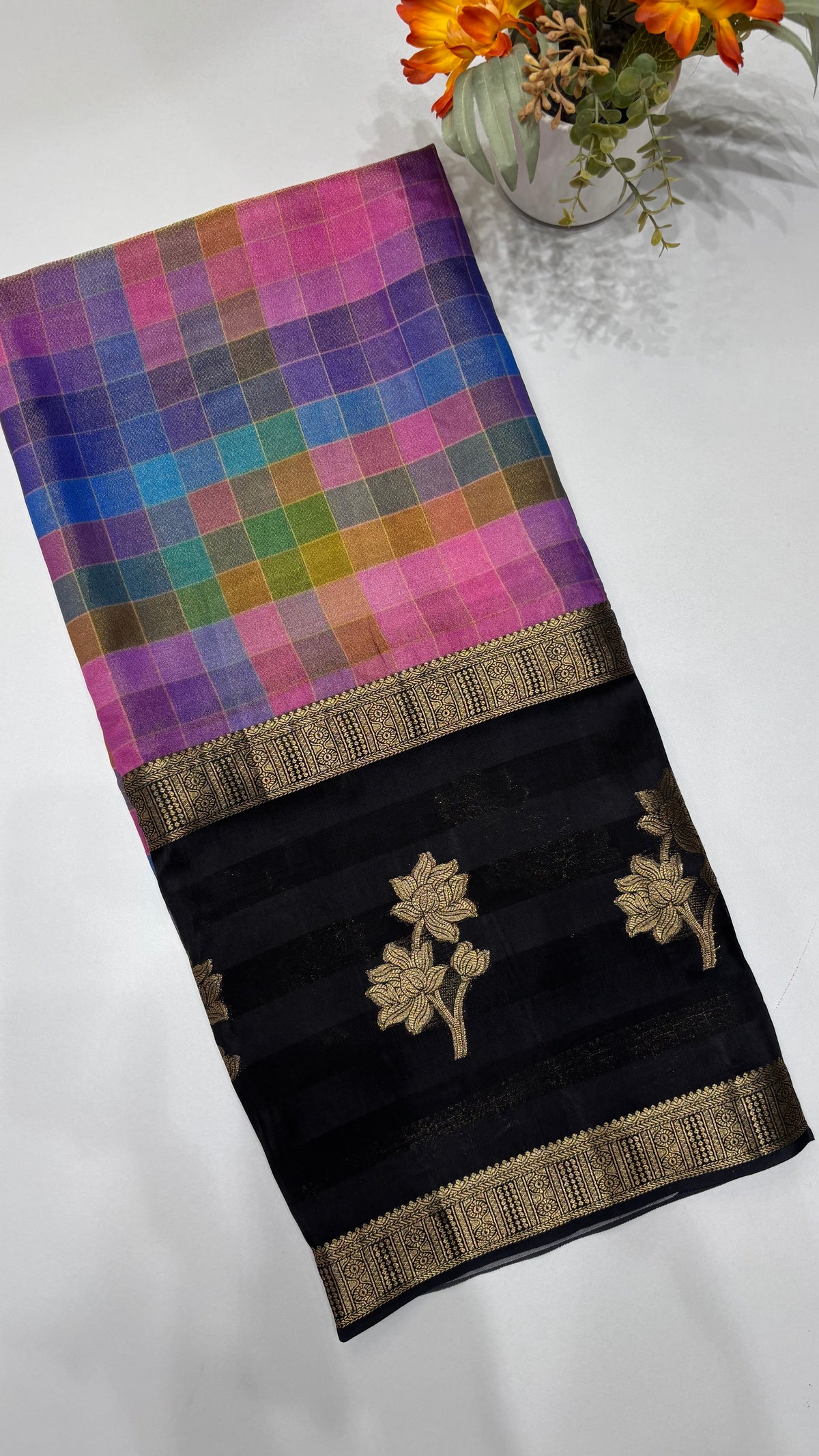 Multi Checks Banaras Tissue Silk Saree