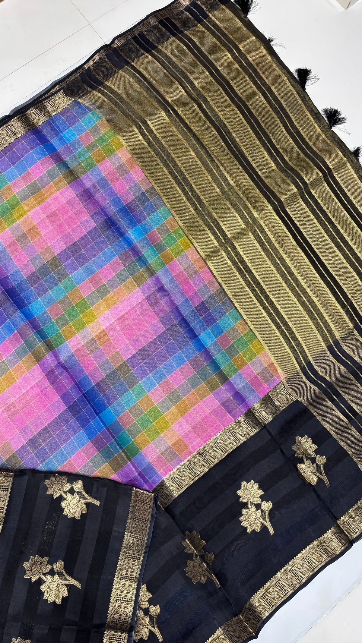 Multi Checks Banaras Tissue Silk Saree