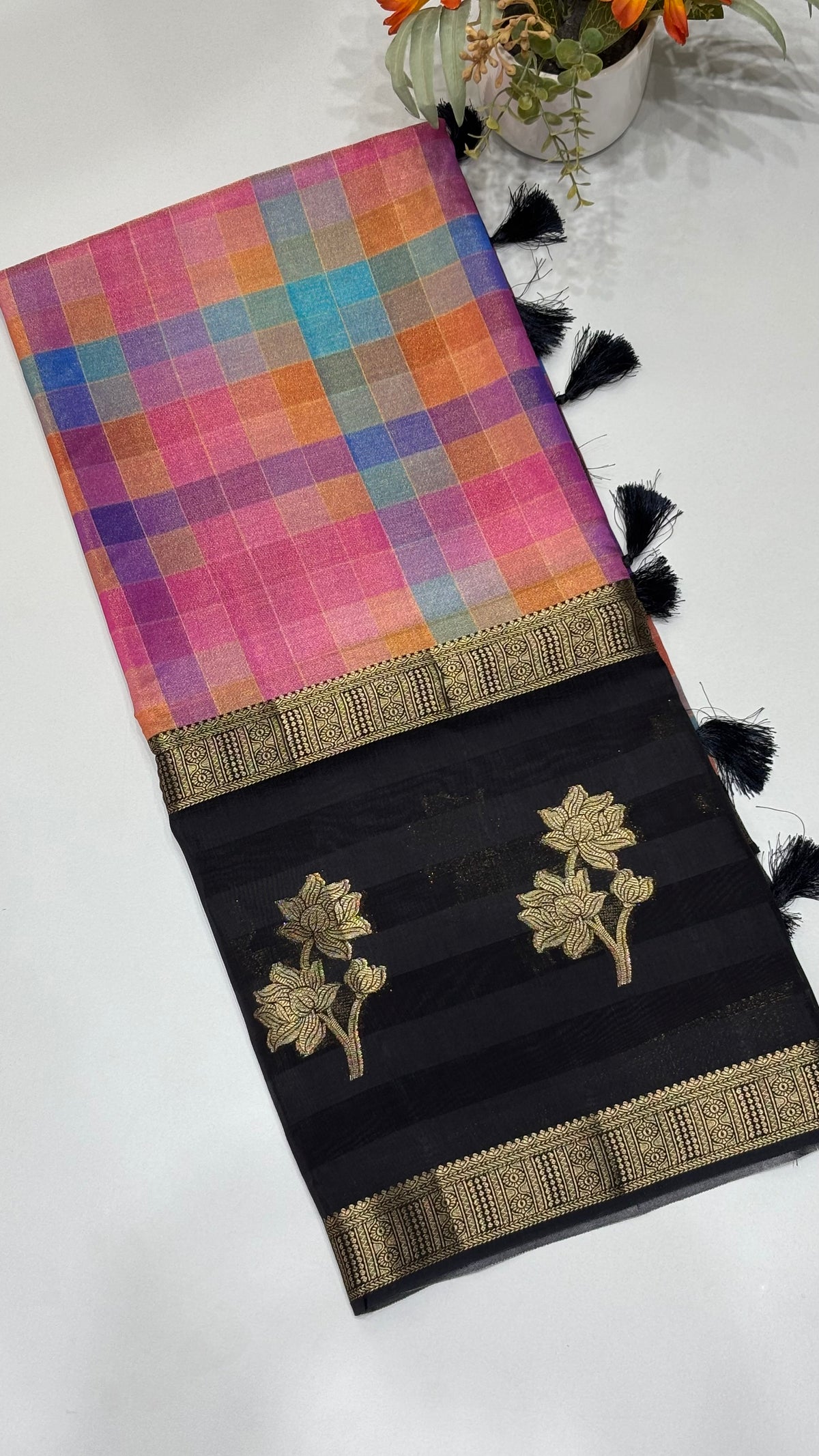 Multi Checks Banaras Tissue Silk Saree