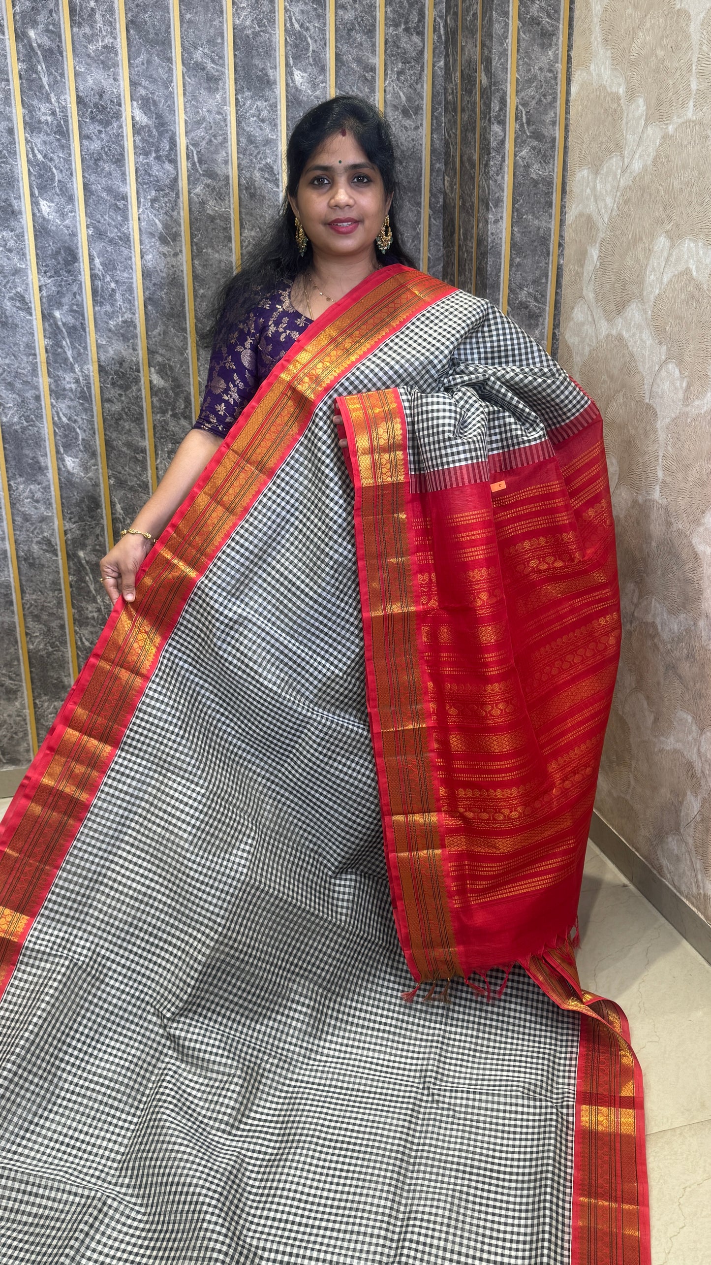 Black & White Checks Pure Silk Cotton with Korvai Border