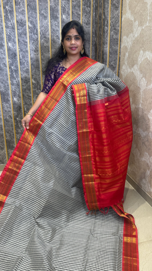 Black & White Checks Pure Silk Cotton with Korvai Border