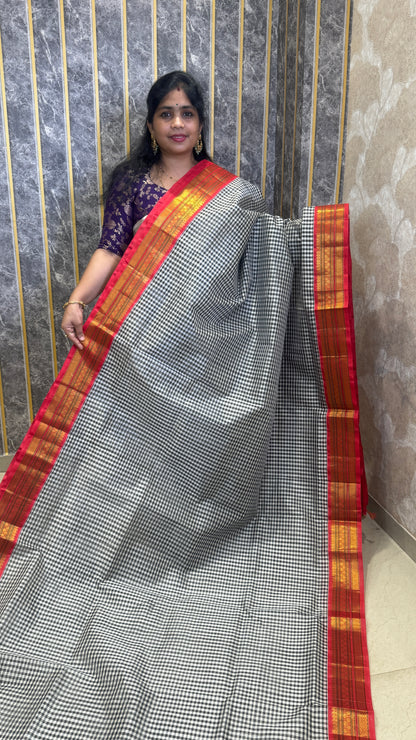 Black & White Checks Pure Silk Cotton with Korvai Border