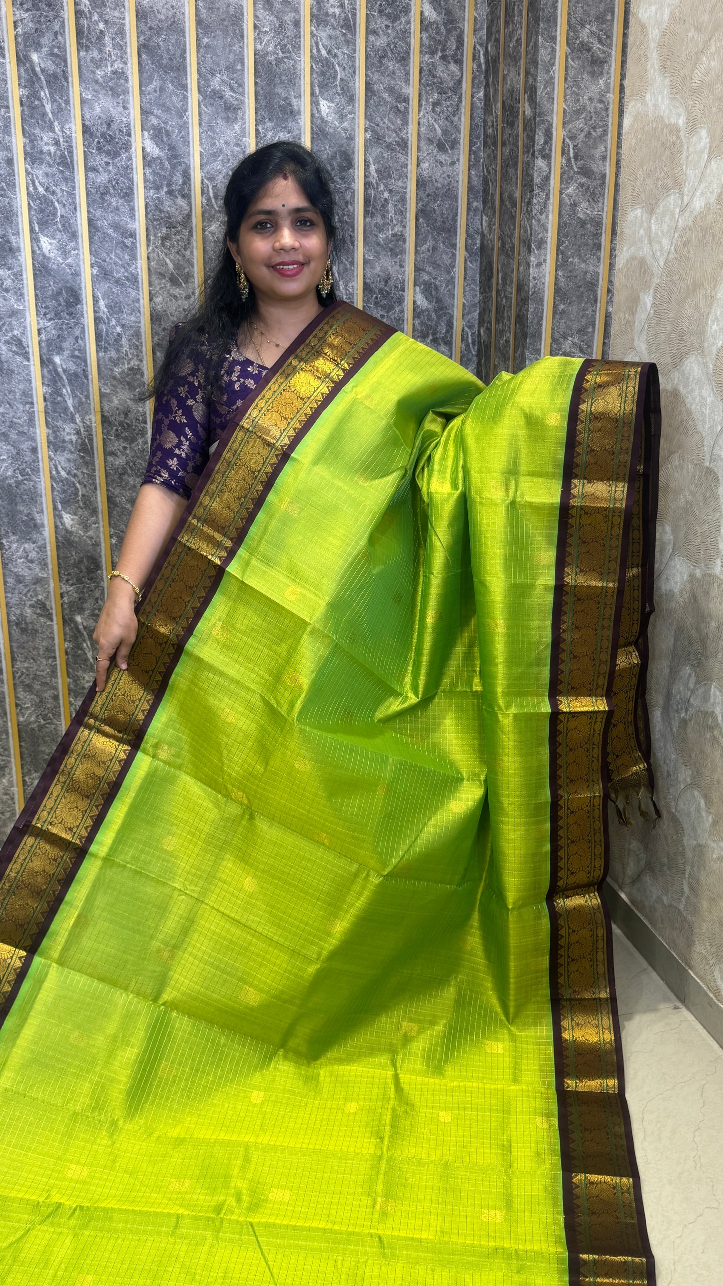 Zari Checks Pure Silk Cotton Saree with Korvai Borders