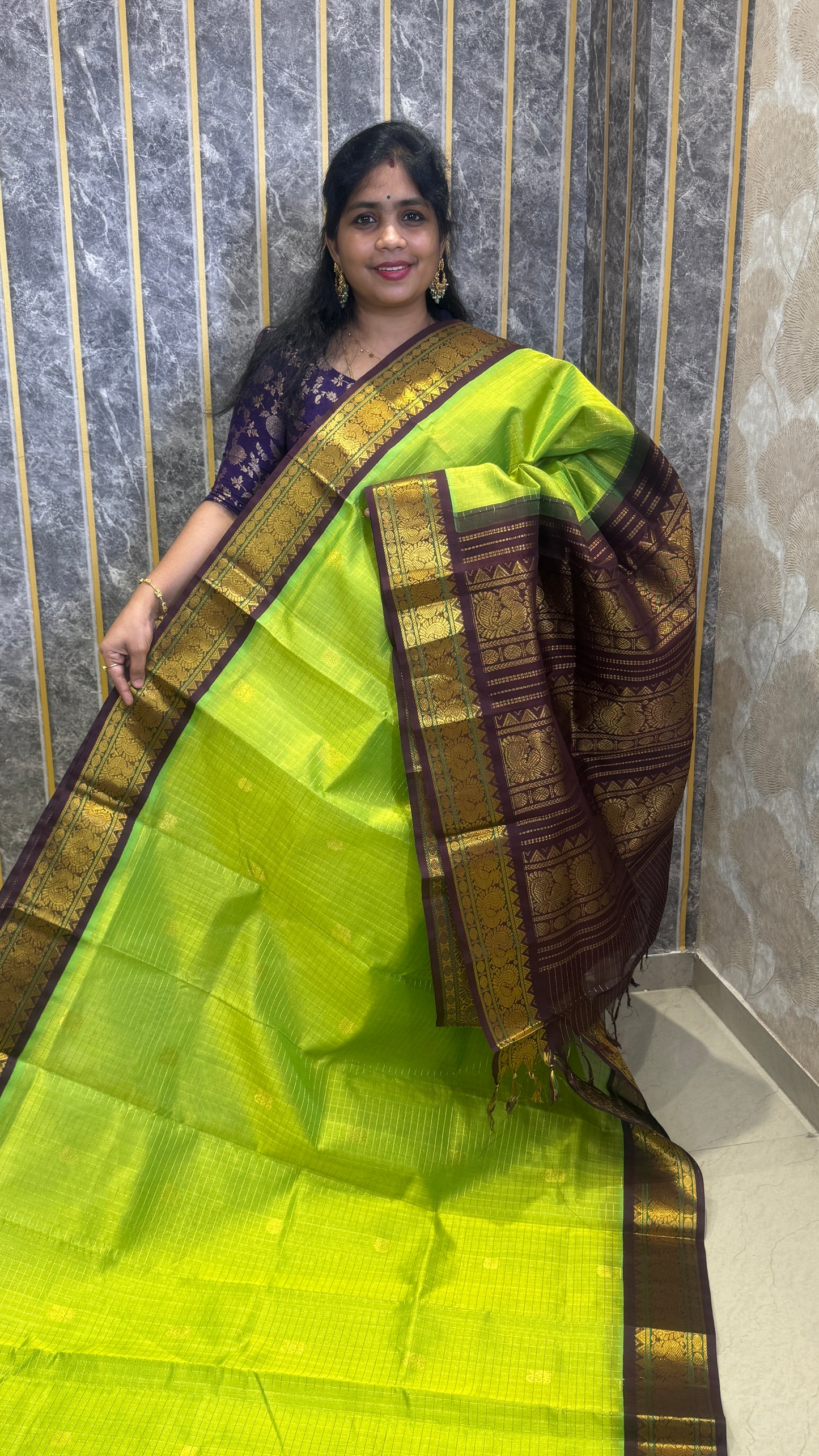 Zari Checks Pure Silk Cotton Saree with Korvai Borders