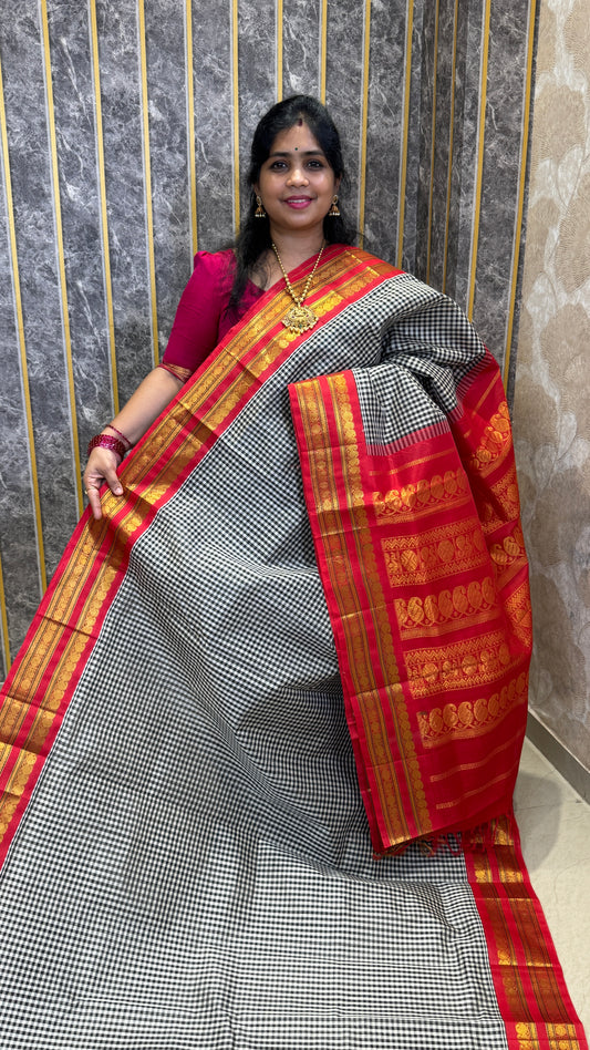 Black & White Checks Pure Silk Cotton with Korvai Border