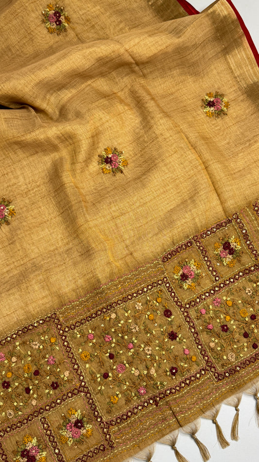 Tissue Linen Saree With Embroidery