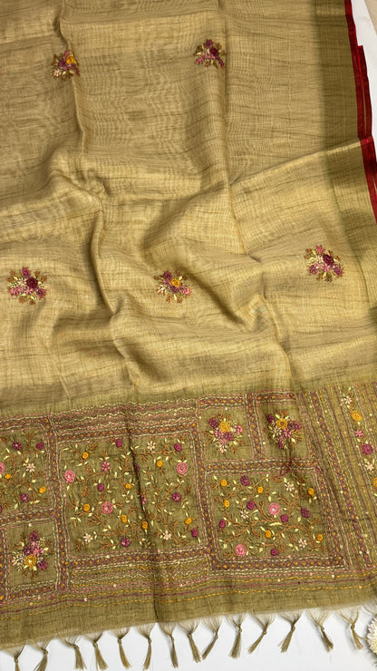 Tissue Linen Saree With Embroidery